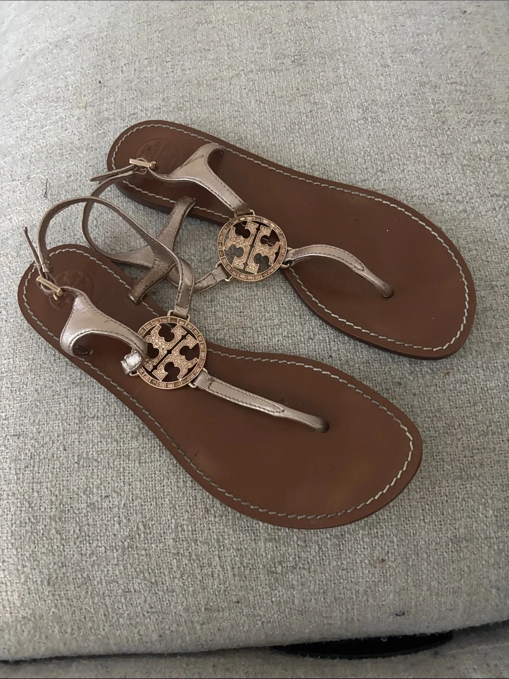 Tory Burch Metallic Rose Gold T-Strap Logo Sandals